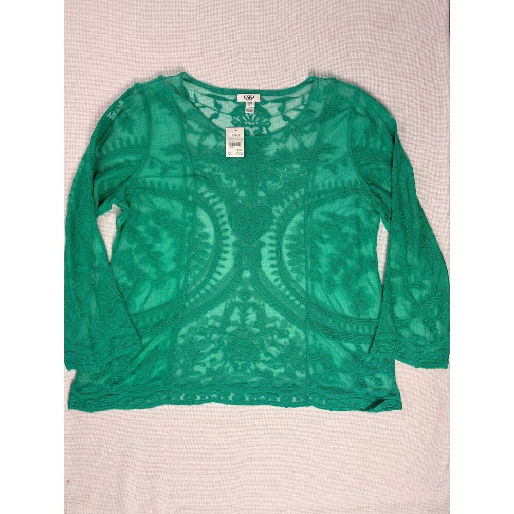 NWT Cato Woman Plus Sz 18/20 Pool Green Sheer Lace Top Long Sleeve Boho